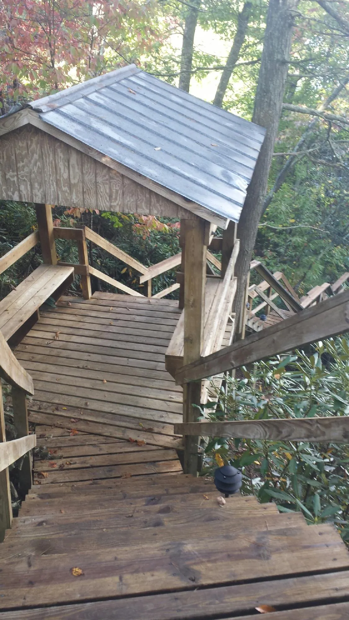 Metal roofed shelter over wooden steps on a wooded walkway — Skylight Repair & Installation work by our crew in Manzanita